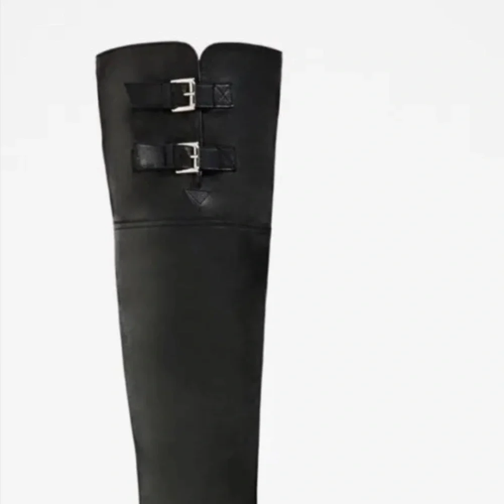 ZARA Leather 2 Buckle Over The Knee Lug Sole Tall Boots - Picture 3 of 13